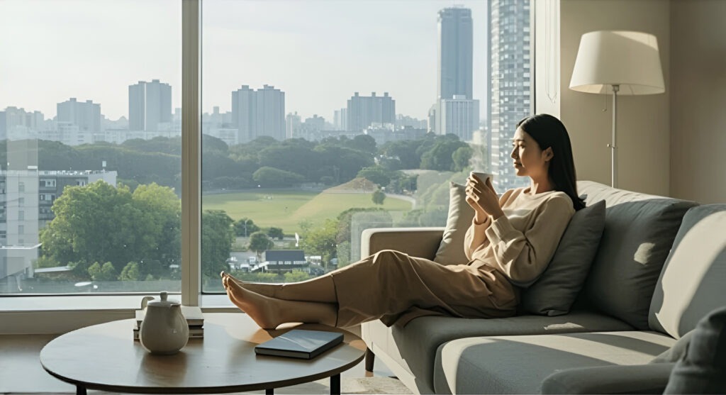 A woman relaxes on a couch, sipping a beverage, with a city skyline and green park visible through the large window.