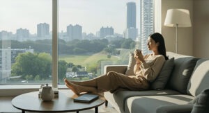 A woman relaxes on a couch, sipping a beverage, with a city skyline and green park visible through the large window.