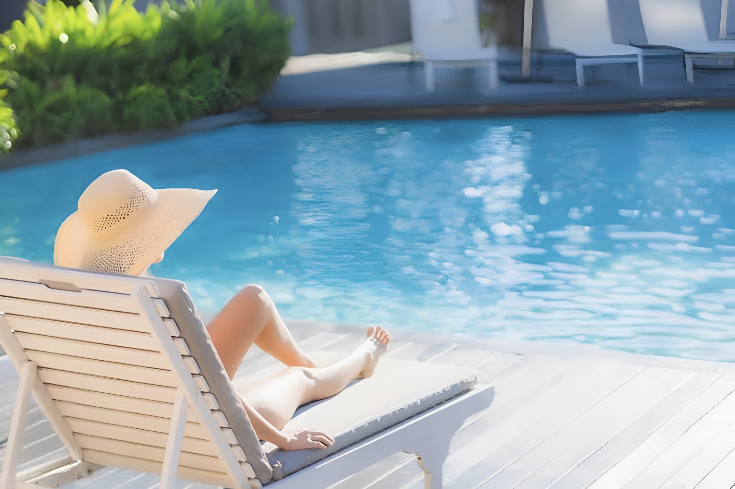 A person relaxes in a sun lounger by a sparkling pool